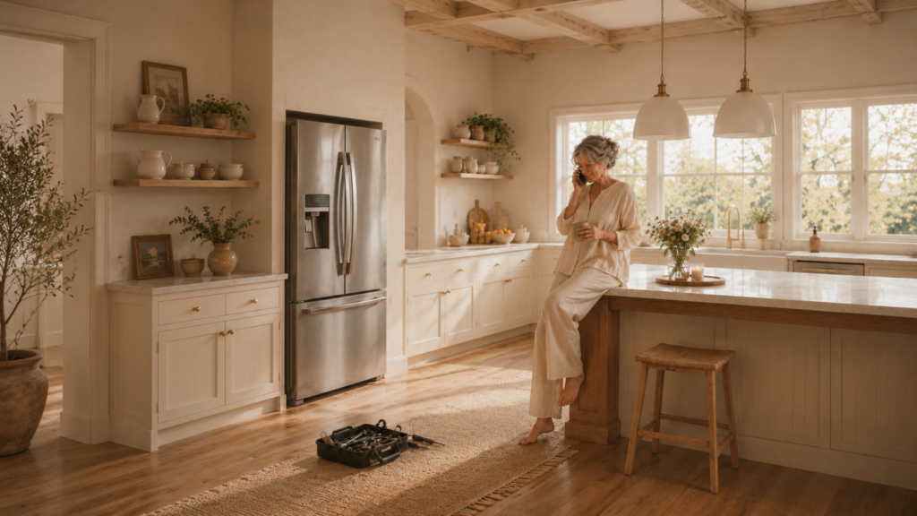 A woman in a warm kitchen leaning against the counter, on the phone with a toolbox on the floor, staying calm while handling a household problem