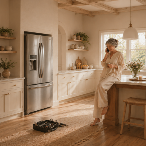 A woman in a warm kitchen leaning against the counter, on the phone with a toolbox on the floor, staying calm while handling a household problem
