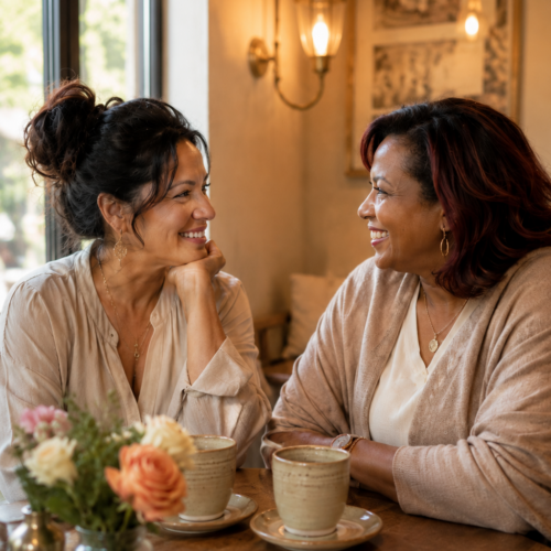 Two women sitting together over coffee, laughing and connecting — a celebration of deep female friendship in midlife