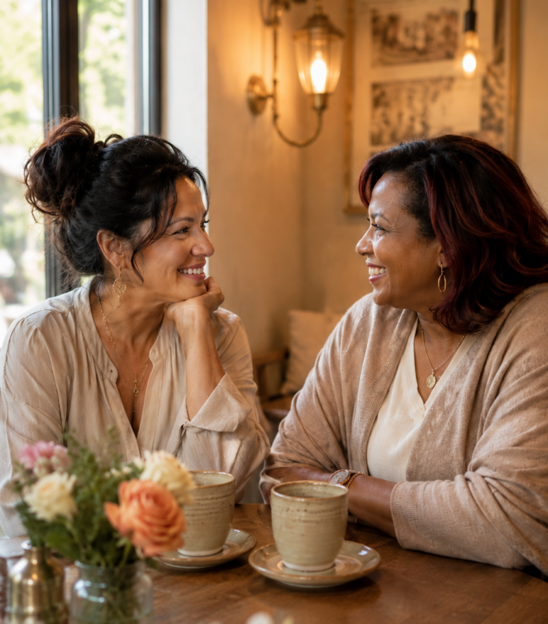 Two women sitting together over coffee, laughing and connecting — a celebration of deep female friendship in midlife