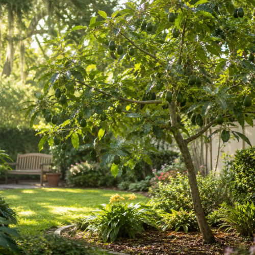 A small avocado tree heavy with green fruit growing in a sunlit backyard garden, surrounded by lush plants and soft morning light.