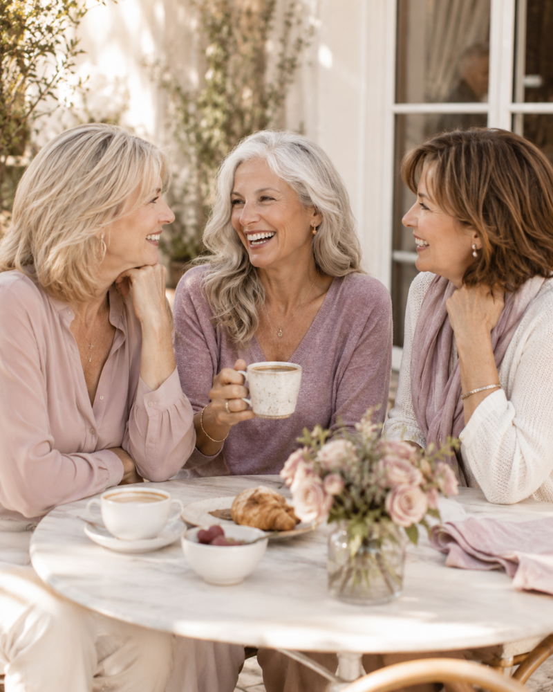Three women over 40 laughing together over coffee and pastries at an outdoor cafe in the empty nest season