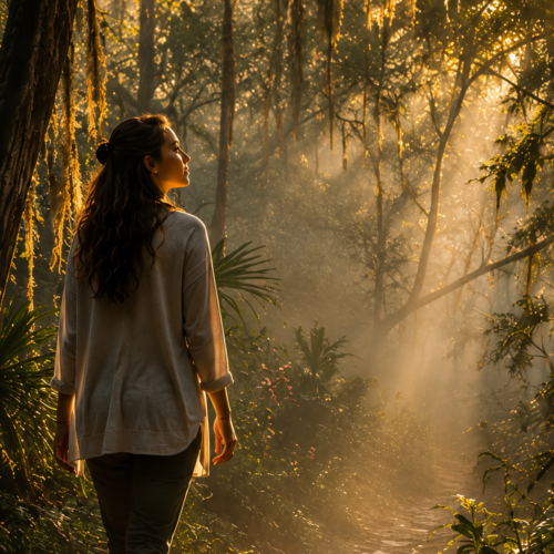A woman walks through a misty forest at sunrise as golden light illuminates only the next few steps of the woodland path, symbolizing courage, personal growth, healing, and trusting the journey ahead.