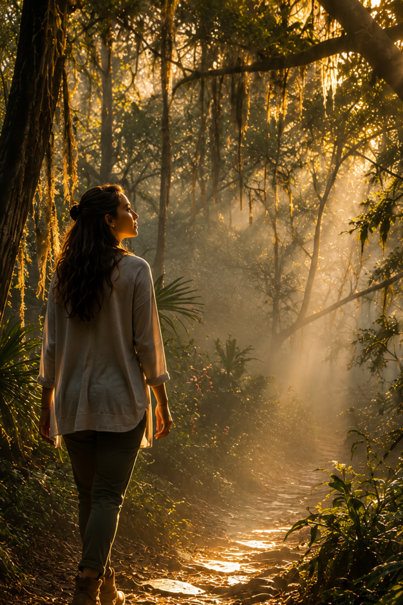 A woman walks through a misty forest at sunrise as golden light illuminates only the next few steps of the woodland path, symbolizing courage, personal growth, healing, and trusting the journey ahead.