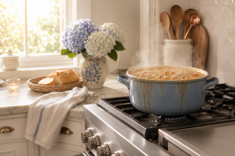 Pot of soup boiling over on a stove in a cozy farmhouse kitchen — a metaphor for anxiety and overwhelm in midlife