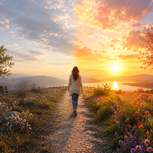 Woman walking alone on a hilltop path at sunset, an image of the in-between season of life